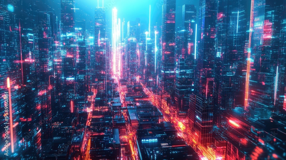 Aufkleber panoramic view of a neon-lit cityscape with cutting-edge urban architecture and futuristic digital e