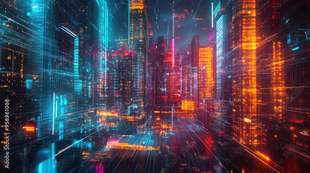 Aufkleber panoramic view of a neon-lit cityscape with cutting-edge urban architecture and futuristic digital e