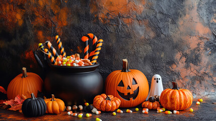 Halloween festive background with a pumpkin and a candy pot and a ghost