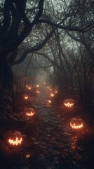 Enchanted Forest Trail at Night with Glowing Pumpkins and Ghostly Figures Amidst the Fog