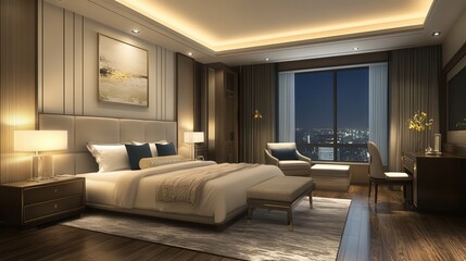 Fototapeta premium Luxurious modern bedroom interior with elegant decor and city view at night, featuring soft lighting and stylish furnishings.
