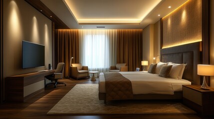 Luxurious hotel room featuring modern decor, comfortable bed, and warm lighting for a cozy atmosphere.