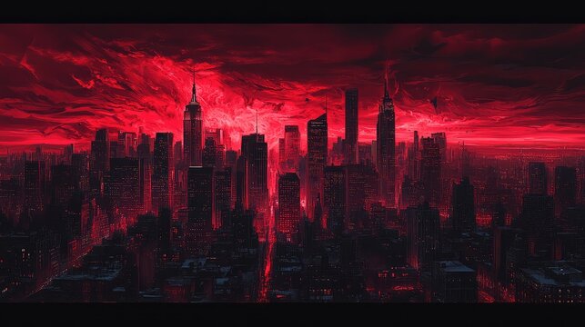 Fototapeta New York City skyline at night, bathed in crimson light, with twisted, shadowy skyscrapers and glowing red clouds, as seen through the eyes of a demon