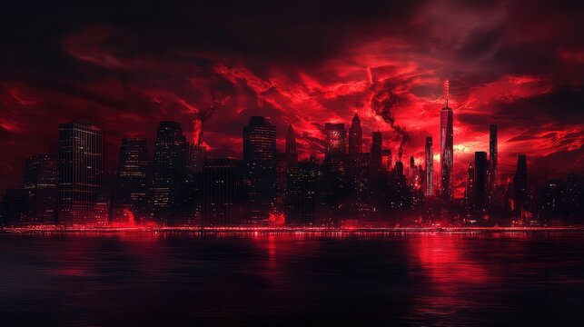 Fototapeta New York City skyline at night, bathed in crimson light, with twisted, shadowy skyscrapers and glowing red clouds, as seen through the eyes of a demon