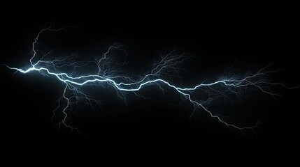Powerful lightning bolt with branching patterns, isolated on a black backdrop, showcasing the dramatic and electrifying force of nature.