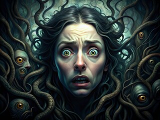 Creepy, dimly-lit illustration of a person's face with eyes wide in terror, surrounded by eerie, swirling shapes and
