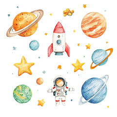 A whimsical illustration of planets, stars, a rocket, and an astronaut in space, perfect for children's themes and space adventures.