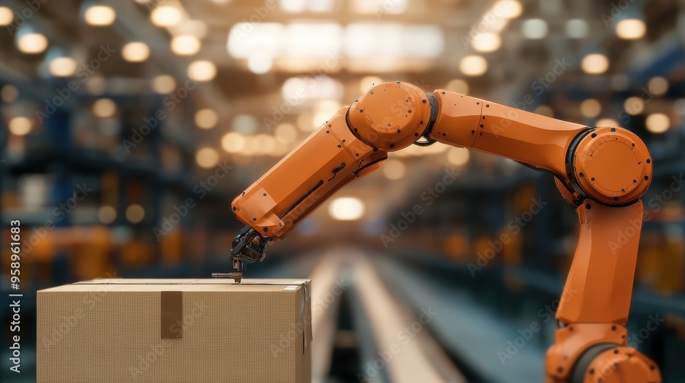 Poster a robotic arm handling packages in a modern warehouse, showcasing automation and efficiency in logis