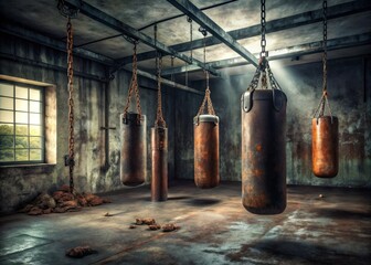 Darkened, gritty boxing gym interior with worn-out punching bags, rusty metal chains, and faded championship belts