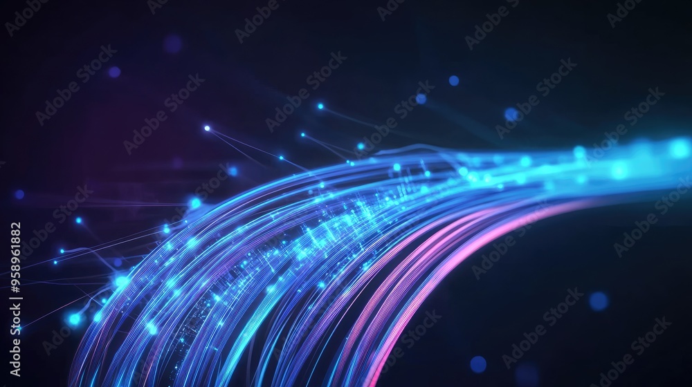 Poster abstract digital design with glowing lines and particles.