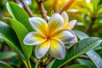 Delicate, exotic lirio flor blooms in shades of white and yellow, surrounded by lush greenery, evoking a sense