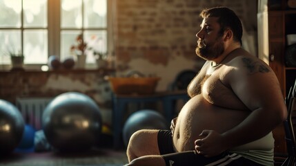 Obraz premium An overweight man sitting in sportswear in what appears to be a gym or fitness studio. He looks to the side thoughtfully, lightly scratching his stomach.