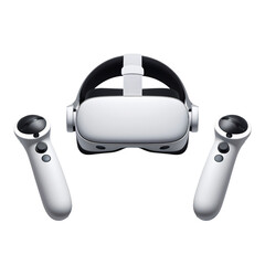 Sleek Modern Virtual Reality Headset with Black Straps and White Controllers, Ergonomic Design, Clean Layout, Advanced Technology, generative ai