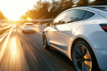 Electric car driving fast on a highway at sunset, showcasing speed, modern technology, and sustainable transportation