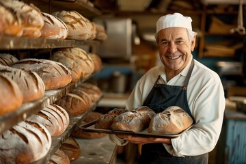 Baker proudly displays freshly baked loaves of bread on silver tray in noisy bakery. Warm glow from oven highlights golden crust, radiating joy, inviting unseen audience to enjoy culinary creations.