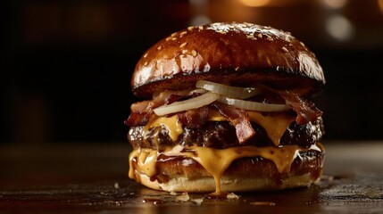 A cheeseburger with a dripping sauce, topped with onions and bacon, against a dark background.