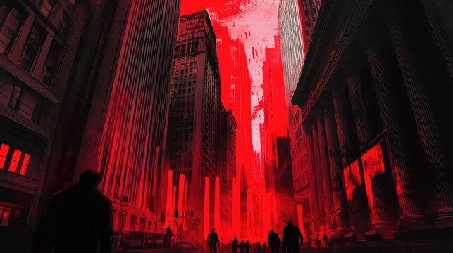 Fototapeta Wall Street as seen through demonic eyes, with elongated buildings, red-glowing windows, and figures shrouded in darkness under a crimson sky