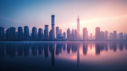 Obraz premium Stunning city skyline reflecting on water during twilight, showcasing modern architecture and vibrant colors of sunset.