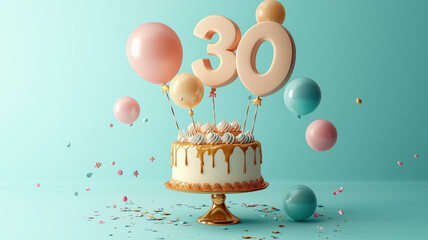 birthday cake topped with the number 30 in gold balloons, surrounded by pastel-colored balloons on a light blue background, happy 30th birthday greeting card
