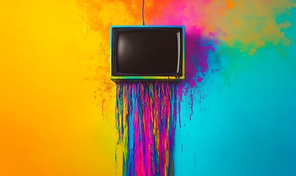 Vintage Television with Rainbow Paint Dripping Down Wall