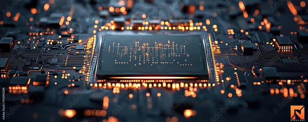 Poster close-up of a futuristic circuit board with glowing elements and a central chip, representing advanc