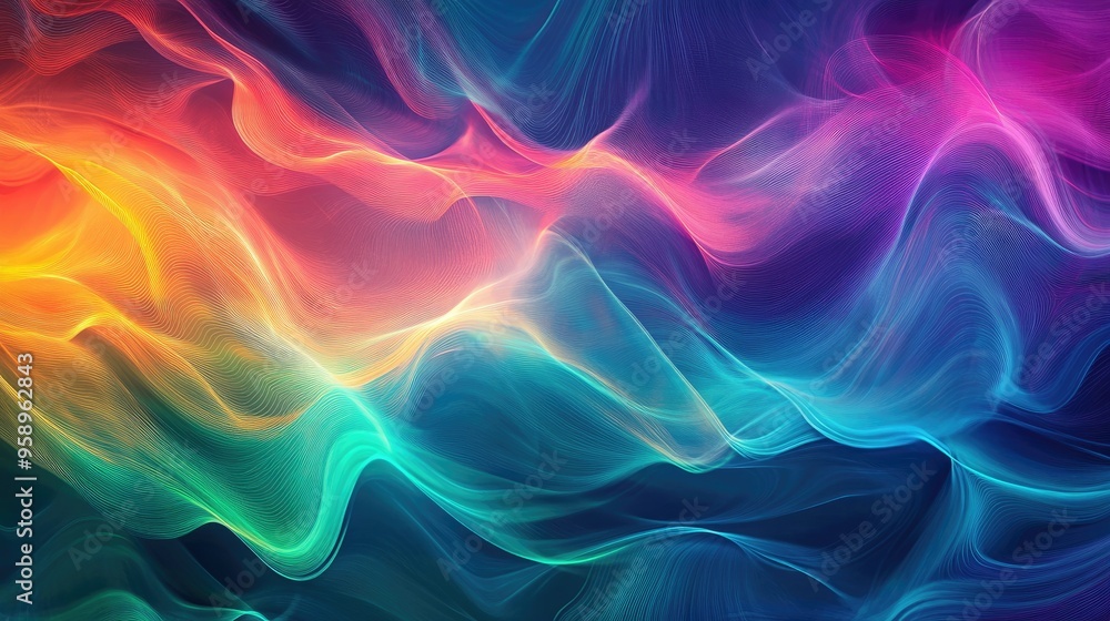 Poster resonance waves in an abstract background, showcasing rhythmic patterns and fluid motion in a spectr