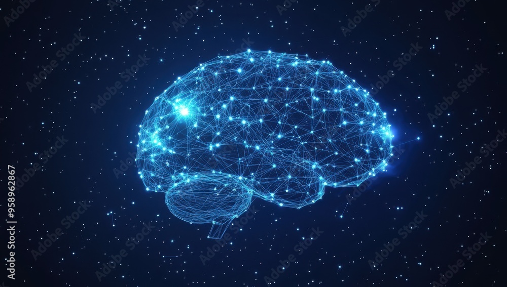 Poster a glowing brain made of interconnected nodes and lines, symbolizing artificial intelligence against 