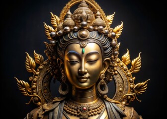 Fototapeta premium Elegant ancient statue of a serene gold deity with intricately designed headdress and ornate jewelry, set against a