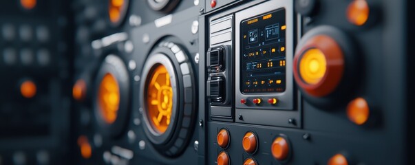 Fototapeta premium Close-up of a modern audio control panel featuring vibrant orange knobs and digital display, emphasizing technology and design.