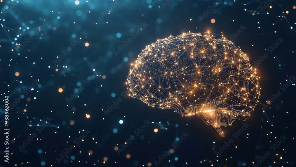 Poster a glowing brain made of interconnected nodes and lines, symbolizing artificial intelligence against 