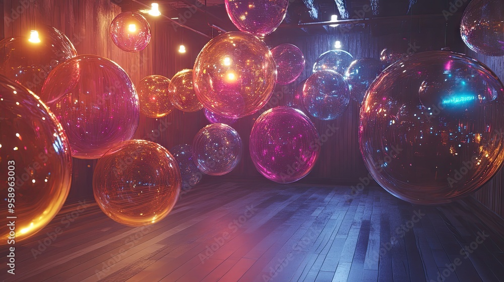 Poster room filled with floating, shiny chat bubbles, reflecting modern technology and digital messaging in