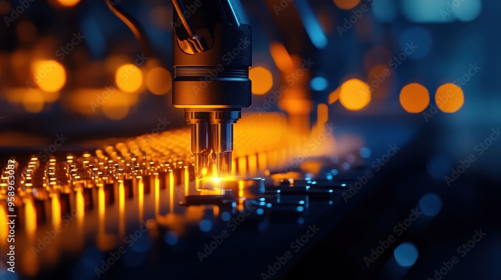 Poster close-up of a precision tool working on a circuit board, showcasing glowing components and a dynamic