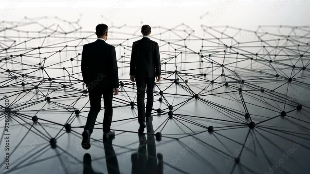 Poster A man is walking through a network of lines. The lines are connected to each other and to the man. The man is wearing a suit and he is lost in thought. Concept of confusion and disorientation