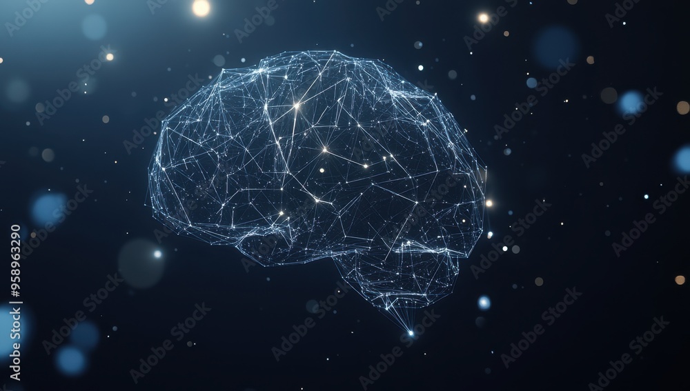 Poster a minimalist digital brain made of glowing geometric shapes, set against an abstract dark blue backg
