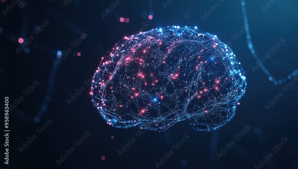 Poster a digital brain made of glowing lines and dots, symbolizing artificial intelligence against a dark b