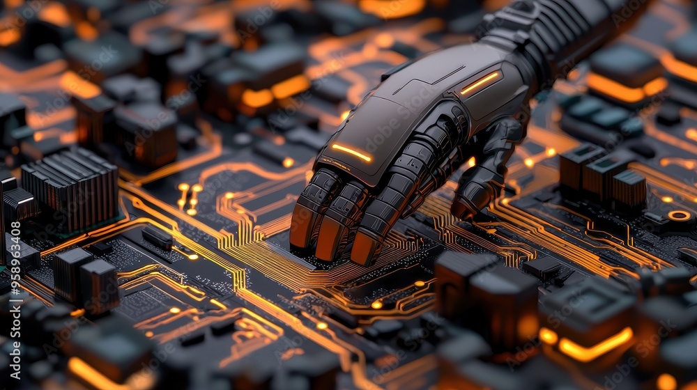 Poster close-up view of a robotic hand interacting with a circuit board, showcasing advanced technology and