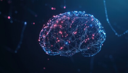 A digital brain made of glowing lines and dots, symbolizing artificial intelligence against a dark blue background Generative AI