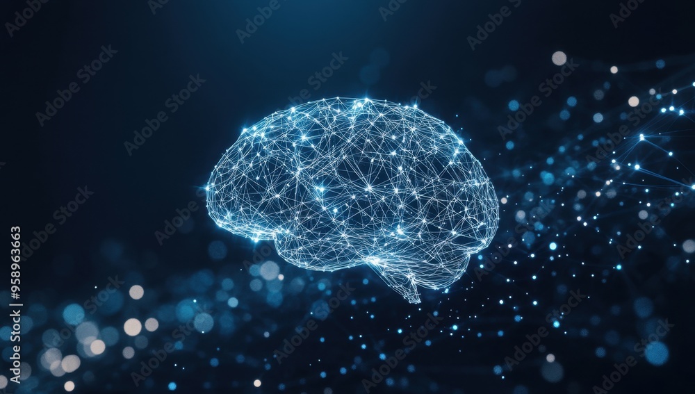 Poster a glowing brain made of interconnected lines and dots, floating in space and representing the concep