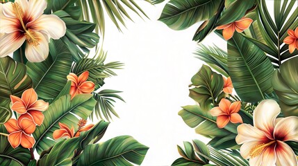 Green tropical leaf frame with delicate orange flowers on a white background for an exotic design