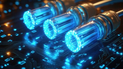 Futuristic blue glowing components on a circuit board, representing advanced technology.