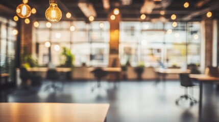 A modern workspace featuring bright light bulbs and a spacious, inviting atmosphere for productivity.