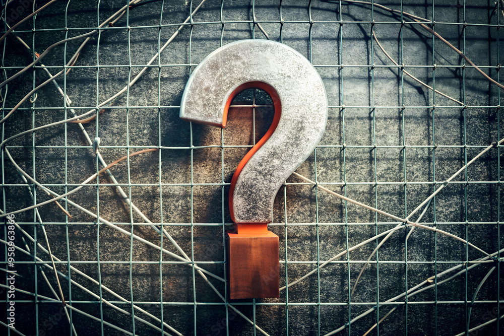 Fototapete a question mark made of a metal wire mesh with a wooden base. The question mark is large and prominently displayed against a black background