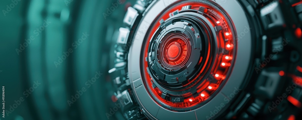 Poster futuristic close-up of a circular device with glowing red lights and intricate metal design. perfect