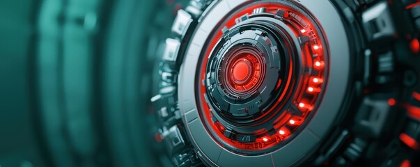 Futuristic close-up of a circular device with glowing red lights and intricate metal design. Perfect for tech and sci-fi themes.