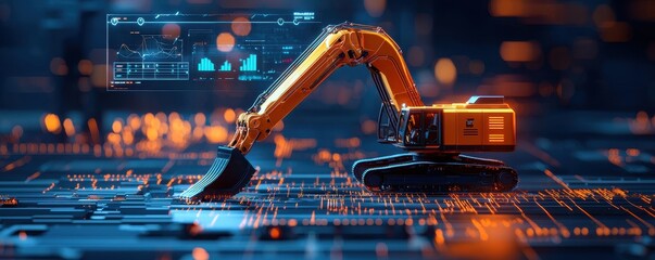 Futuristic excavator on a digital interface with glowing elements, symbolizing advanced technology in construction and engineering.