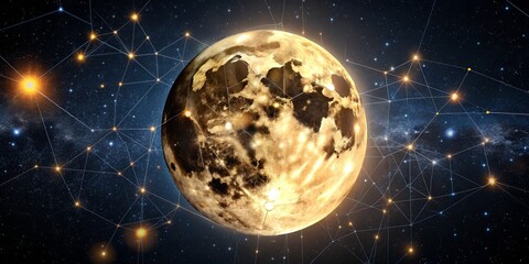 Naklejka premium Glowing full moon with subtle craters and textured surface stands out against a pitch black starry night sky