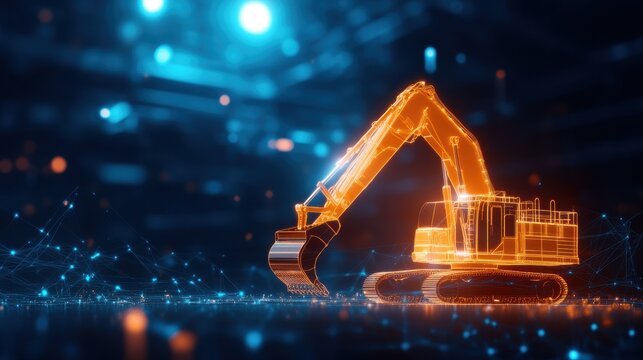 Futuristic digital excavator surrounded by glowing particles, representing construction technology and innovation. - Powered by Adobe