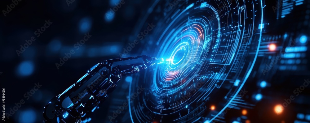 Poster futuristic robotic hand interacting with a glowing digital interface, symbolizing advanced technolog