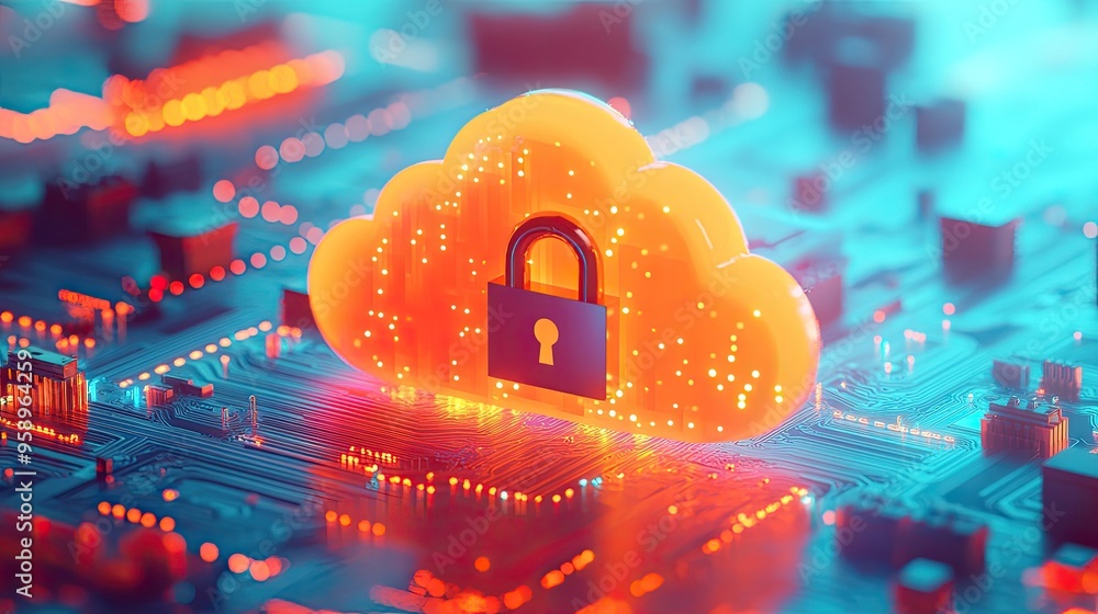 Poster a digital cloud with a padlock symbolizing cybersecurity and data protection.
