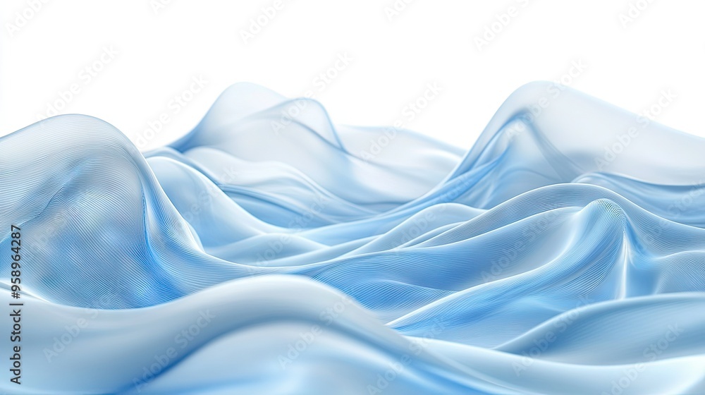 Poster soft 3d blue waves overlapping each other on a white background, creating a serene and fluid visual 